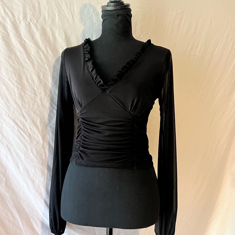 Black Romantic Whimsigoth Ruffled Women's Top w/ Flowy Sleeves